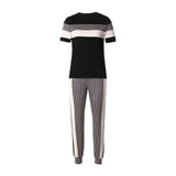 Fashionkova  Plaid Striped Short Sleeve Tape Top & Drawstring Pants Set Casual Basic Women Two Piece Set