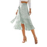 Fashionkova  Women Floral Print Chiffon Skirts Spring Summer Green Split Lace Up Ruffles Casual Bohemian Lady Midi Length Skirt