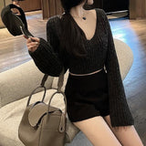 Fashionkova  Korean Style Knitted Cropped Sweater Women Solid Slim Sexy Jumper Female Oversize V-Neck Luxury Elegant Pullover Autumn