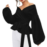 Fashionkova  Sexy V Neck Lantern Sleeves Women Blouses White Tops Solid Ruffles Bow Knot Lace Up Casual Shirts 2024 Black Lady Blouse