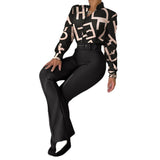 Fashionkova  Women's Office Suit Two-Piece Printed Long Sleeve Shirt & High Waist Straight Wide Leg Pants Pants Set 2022 New