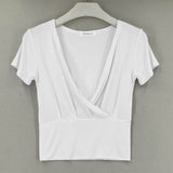 Fashionkova  Cropped T Shirt Women Cotton Sexy V-Neck Thin Tee Shirt Elastic Short Sleeve 2022 Summer Womens Clothing T Shirts Poleras Mujer