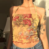 Fashionkova  Ladies Summer Sexy Midriff-Baring Camisole Women Floral Printing Stringy Selvedge Hem Hanging Neck Sleeveless Mesh Tops