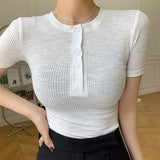 Fashionkova  T Shirt Women Tshirt Short Sleeve Cotton Tee Shirt Button O-Neck Basic T-Shirts Korean Fashion Summer Tops 2022 Woman Clothes