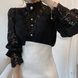 Fashionkova  Elegant Embroidery Petal Sleeve Hollow Out Women Lace Blouse Flower Lace Patchwork Stand Collar Shirt Femme Autumn Blusas Tunic