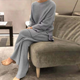 Fashionkova  Lady Home Suit Autumn Fashion Soft Casual O-Neck Pullover Tops+Knitted Pant New Homewear Pajama Winter Solid Women Two Piece Set