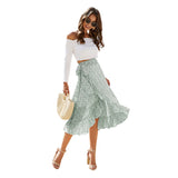 Fashionkova  Women Floral Print Chiffon Skirts Spring Summer Green Split Lace Up Ruffles Casual Bohemian Lady Midi Length Skirt