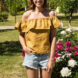 Fashionkova Women's Slash Neck Off-Shoulder Cotton And Linen Tops Summer New Style Ruffled Casual Sweet Short-Sleeve T-Shirts
