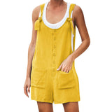 Fashionkova  2022 Summer Women Rompers Casual Loose Sleeveless Solid Short Jumpsuit Button Pocket Suspenders Bib Wide Leg Playsuits Overalls
