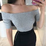 Fashionkova  Sexy Off Shoulder Crop Top Women T Shirt Cotton T-Shirt Korean Style Slash Neck Skinny Summer New Short Sleeve Tee Shirt Clothes