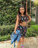 Fashionkova  Cute 2Pcs Women Outfit Printed 2022 New Summer Tied O-Neck Sleeveless Crop Tops + High-Waist Shorts For Ladies