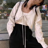 Fashionkova  Cardigan Women White Long Lantern Sleeve Crop Tops O-Neck Belt Summer Thin Sun-Proof All-Match Outwear Girls Sweet Lovely Kawaii