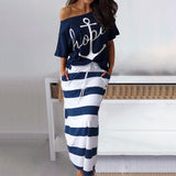 Fashionkova  Women Skirt Two Piece Sets Boat Anchor Off Shoulder Tops + Print Stripe Dress Summer Fashion Casual T-Shirt Beach Long Dress