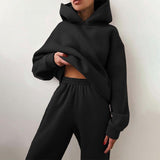 Fashionkova  Solid Women Fleece-Lined 2 Piece Set Suits Winter Warm Elegant Tracksuit Hoodies Oversized Pullover Sweatshirt Pants Sportwear