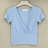 Fashionkova  Cropped T Shirt Women Cotton Sexy V-Neck Thin Tee Shirt Elastic Short Sleeve 2022 Summer Womens Clothing T Shirts Poleras Mujer
