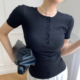 Fashionkova  T Shirt Women Tshirt Short Sleeve Cotton Tee Shirt Button O-Neck Basic T-Shirts Korean Fashion Summer Tops 2022 Woman Clothes