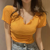 Fashionkova  Skinny Crop Top T Shirt Women Short Sleeve Woman Tshirts Summer Top 2022 Side Drawstring Lace-Up Thin T-Shirt Femme Slim Clothes