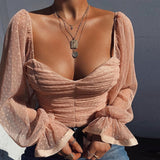Fashionkova  Sexy Polka Dots Crop Tops Women Low Cut Backless See Through Short Chiffon Mesh T Shirt Female Club Party Elegant Tees