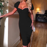 Fashionkova  Double Layer Mesh Ruched Midi Dress Women 2022 Summer Short Puff Sleeve Backless Sexy V Neck Bodycon Club Party Dresses