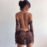 Fashionkova  Leopard Print Backless Dress Women Long Sleeve Mesh Dress 2022 Spring Halter Transparent Sexy Club Dress Vestidos