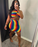 Fashionkova  Sexy Rainbow Striped Tie Dye Halter Bodycon Dress Backless Women's Boobs Wrap Pencil Mini Dresses Party Night Clubwear Summer