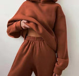 Fashionkova  Solid Women Fleece-Lined 2 Piece Set Suits Winter Warm Elegant Tracksuit Hoodies Oversized Pullover Sweatshirt Pants Sportwear