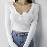Fashionkova  Screw Thread Crop Top Women T Shirt 2022 Spring Long Sleeve Cotton Tshirt Korean Clothes Slim Button Tee Shirt Camisetas Mujer