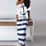 Fashionkova  Women Skirt Two Piece Sets Boat Anchor Off Shoulder Tops + Print Stripe Dress Summer Fashion Casual T-Shirt Beach Long Dress