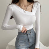 Fashionkova  Irregular Sexy Skew Collar Tee Shirt Femme Cotton Crop Top Women T Shirt Slim Short T-Shirt Spring Tshirt Long Sleeve Top Mujer