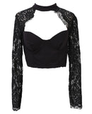 Fashionkova  Women's Sexy Tops See Through Crop Top Lace Floral Slim V Neck Tops Crop Top Solid T-Shirt