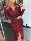 Fashionkova  Fashion Sexy Women V Neck Glitter Sequin Evening Club Dress Bodycon Elegant Ladies Dress Long Sleeve Party Maxi Slim Dress