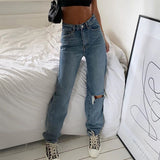 Fashionkova  Hole Ripped Straight Mom Baggy Jeans Women High Waist Casual Y2K Streetwear 90S Wide Leg Boyfriend Pants Hollow Denim Trousers