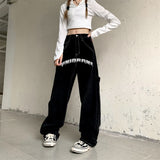 Fashionkova  High Waist Women Jeans Vintage Streetwear Letters Black Straight Baggy Denim Trouser Fashion Casual Autumn Ladies Wide Leg Pants