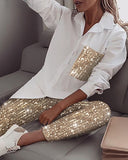 Fashionkova Women Sequin Long Sleeve Shirt + Glitter Shiny Pant Fashion Sets 2022 Autumn New