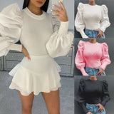 Fashionkova  Women Mesh Puff Long Sheer Sleeve Tops Pullover Blouse Shirts Casual Party Club