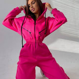 Fashionkova  Casual Women Basic Hoodie Jumpsuit Zipper Drawstring Overalls Fleece Lined Streetwear Tracksuit Solid Rompers One Piece Outfit