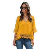 Fashionkova  Summer Chiffon Blouses Tops Cross V Neck Half Sleeves Women Casual Lace Hollow Splice Tunic Pullover Solid Blouse