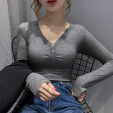 Fashionkova  Button V Neck Thin T Shirt Women 2022 Spring Tshirt Long Sleeve See Through Top Woman Clothes Slim Tee Shirt Camisetas De Mujer