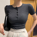 Fashionkova  T Shirt Women Tshirt Short Sleeve Cotton Tee Shirt Button O-Neck Basic T-Shirts Korean Fashion Summer Tops 2022 Woman Clothes