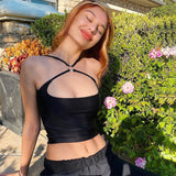 Fashionkova  Black Solid Cut Out Crop Top Female Slim Sexy Rave Party Clubwear Cross Choker Y2K Summer Tops For Women Camisole Pink Tees