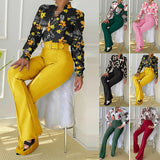 Fashionkova  Women's Office Suit Two-Piece Printed Long Sleeve Shirt & High Waist Straight Wide Leg Pants Pants Set 2022 New
