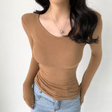 Fashionkova  Autumn Long Sleeve Top Tshirts For Women Slim O Neck Elastic Cotton T Shirt Korean Fashion Clothes Basic Soild Tee Shirt Femme
