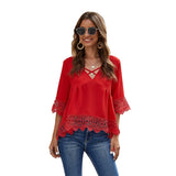 Fashionkova  Summer Chiffon Blouses Tops Cross V Neck Half Sleeves Women Casual Lace Hollow Splice Tunic Pullover Solid Blouse