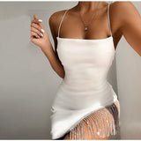 Fashionkova  Sexy Tassel Diamonds Party Dress Women Spaghetti Straps Backless Split Bodycon For Women Elegant Dress