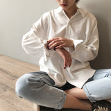 Fashionkova  White Shirt For Women Casual Solid Turn Down Collar Minimalist Loose Womens Tops And Blouses 2022 Spring Autumn Cotton Shirts