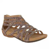 Fashionkova  2023 Summer Women Sandals Round Toe Hollow Wedges Sandals Casual Closed Toe Flat Rome Sandals Plus Size Leopard Sandals