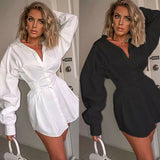 Fashionkova   Ins French Stylish Slim Blouse Ladies Women Clothes Deep V Long Puff Sleeve Shirtdress Sexy Shirt Autumn Casual Black White