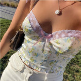 Fashionkova  Frill Lace Floral Print Y2K Crop Top Women Summer Sleeveless Cute Camis Top Ladies Backless Casual Mini Vest Fashion