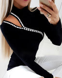 Fashionkova  Women Sexy Hollow Out Slim Fit Long Sleeve Casual Turttle Neck Shirt Solid Black Tops Blouse Women Cold Shoulder Jumper Pullover