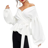 Fashionkova  Sexy V Neck Lantern Sleeves Women Blouses White Tops Solid Ruffles Bow Knot Lace Up Casual Shirts 2024 Black Lady Blouse